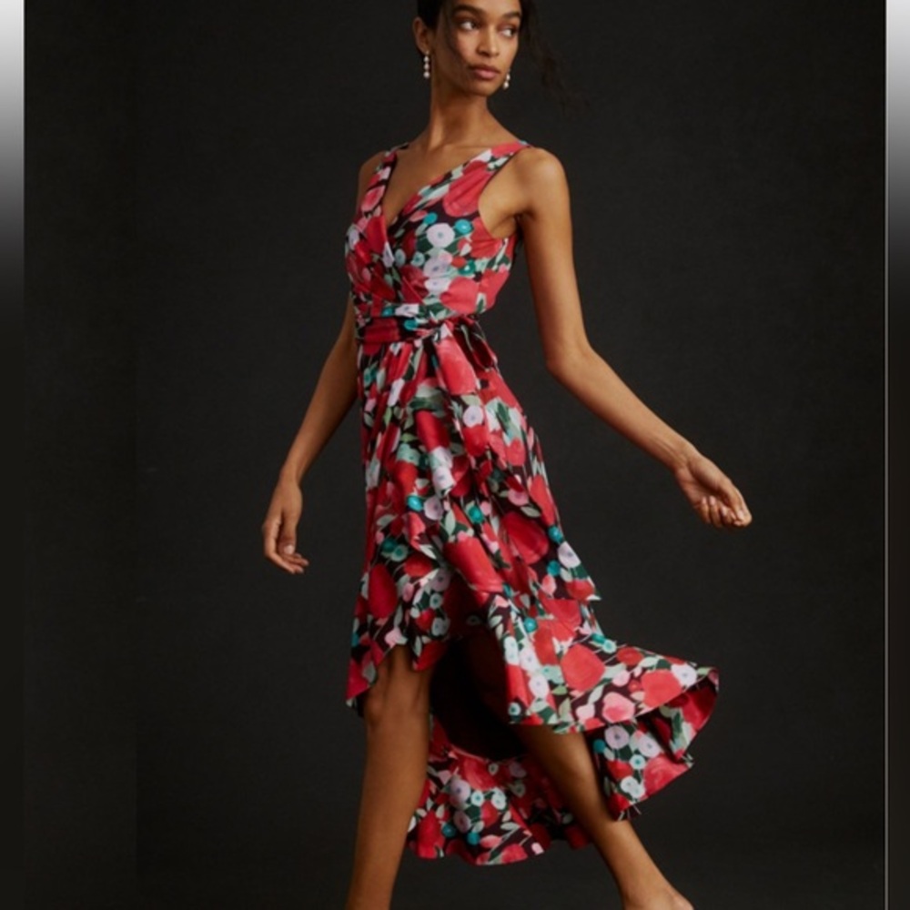 Hutch Floral Wrap Asymmetrical Dress Ruffles V Neck Size Medium